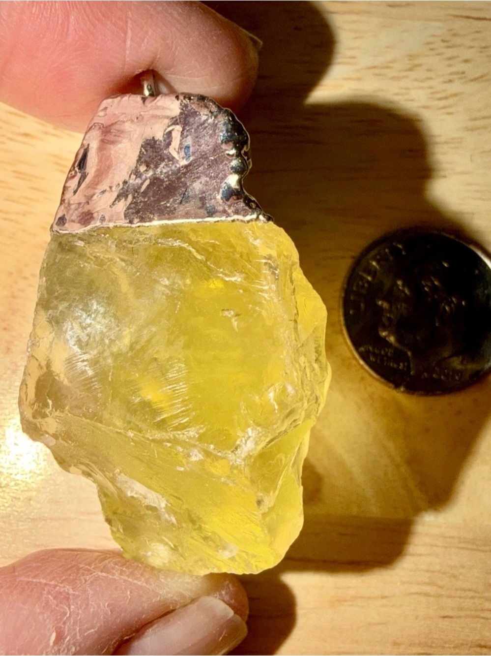 Citrine Rough Cut Pendant. With Silver-Tone Accent Bale.